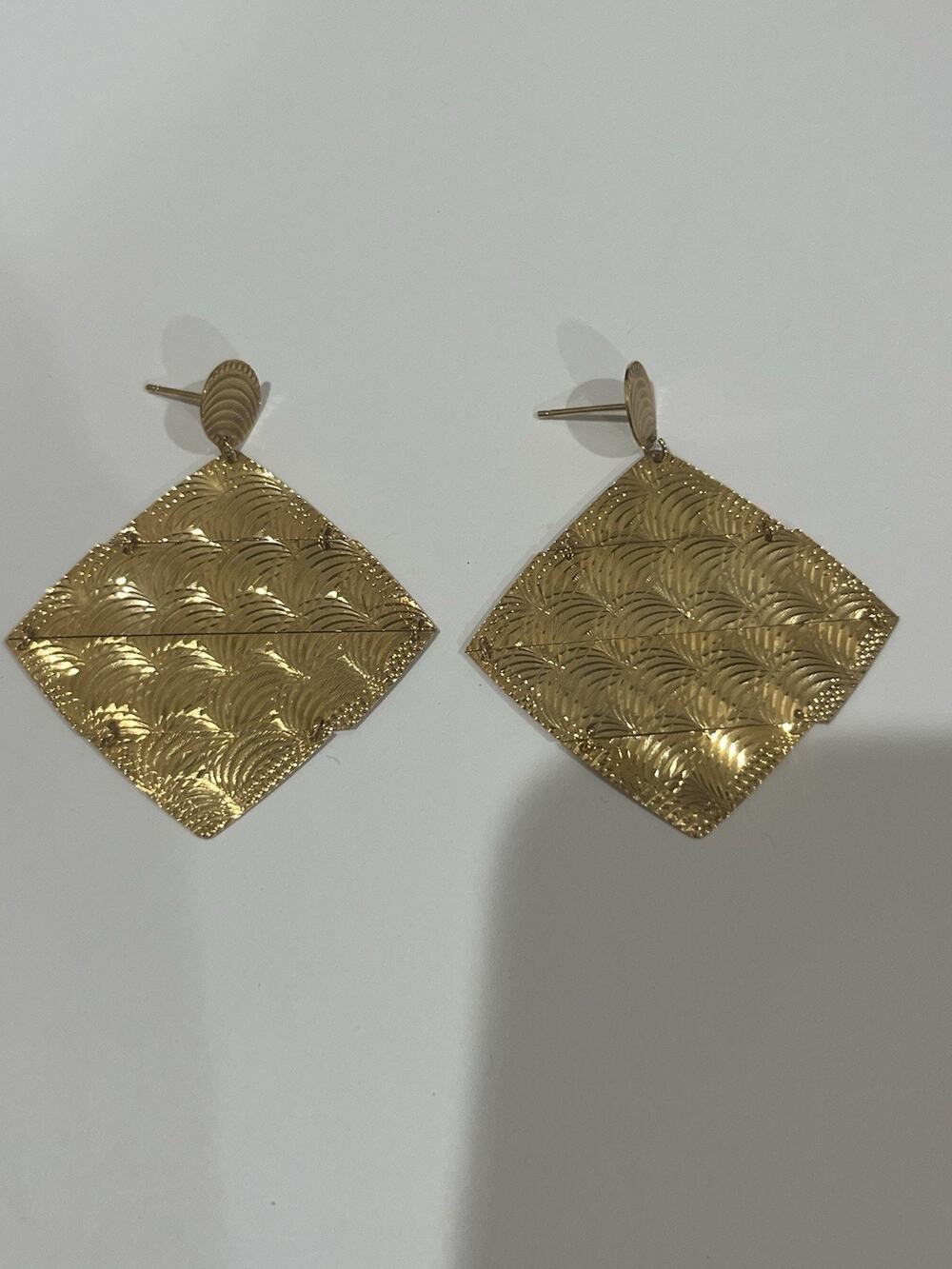 Bellezza Gold Tone Post Dangle Earrings Square Modernist, EM7, Signed, With Box